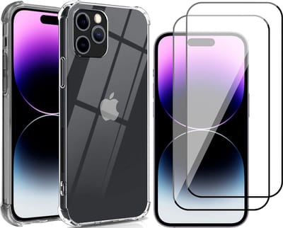 Hoesje geschikt voor iPhone 14 Pro - Anti Shock Proof Siliconen Back Cover Case Hoes Transparant - 2x Full Tempered Glass Screenprotector