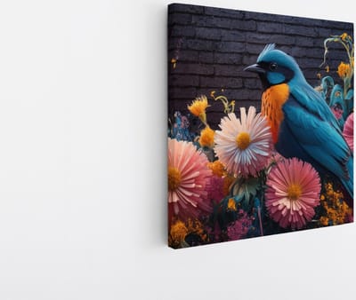 Saammp Canvas Schilderij - Vogel op bloemen - Abstract - Dieren- 20x20 - Foto op canvas - Wanddecoratie - Muurdecoratie Kinderkamer - Slaapkamer decoratie - Canvas Print