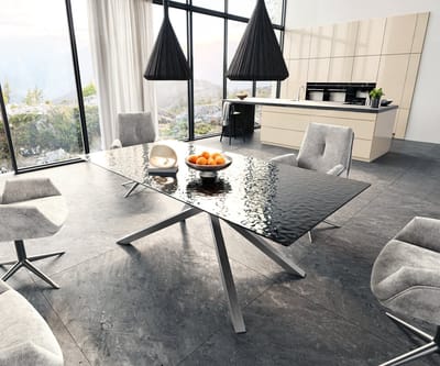 Eetkamertafel Edge Glas smelten rokerig zwart 3D-Relief 200x100 kruisframe rechthoek RVS