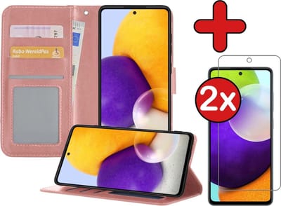Hoesje - Met 2x Screenprotector - Geschikt voor Samsung Galaxy A52 5G - Luxe Pasjeshouder - Flip Case - Bookcase Portemonee - Kunstleer Book Case - Flipcase Hoes - Book Cover - Walletcase - Portemonneehoes - Telefoonhoes - Rosé goud