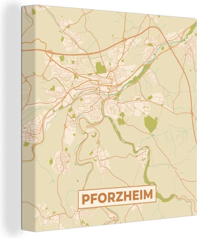 Canvas Schilderij Pforzheim - Plattegrond - Kaart - Vintage - Stadskaart - 20x20 cm - Wanddecoratie