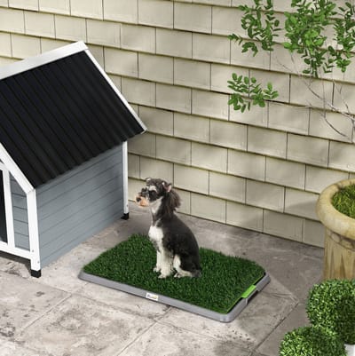 MEUNIQ Hondentoilet met 2 grasmatten en opvangschaal, kunstgras hondentoilet voor puppy zindelijkheidstraining, indoor outdoor, 67 x 41 x 3,5 cm, groen