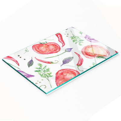 Keukenplank van gehard glas met afbeelding van tomaten en kruiden, 80x52 cm