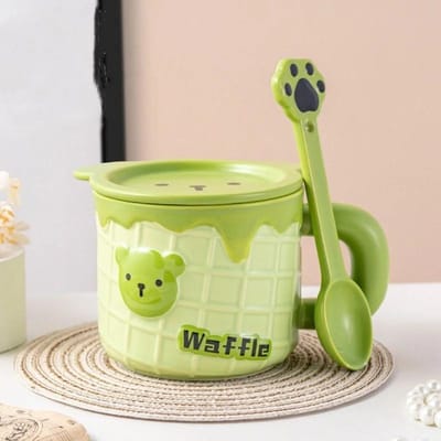 1 Stuks Leuke Keramische Kop Ontbijt Havermelk Mokken Koffiekopjes Berenkop met Deksel Cartoon Kawaii Kinderen Mok Huishouden Persoonlijkheid Cadeau 401-500ml beige