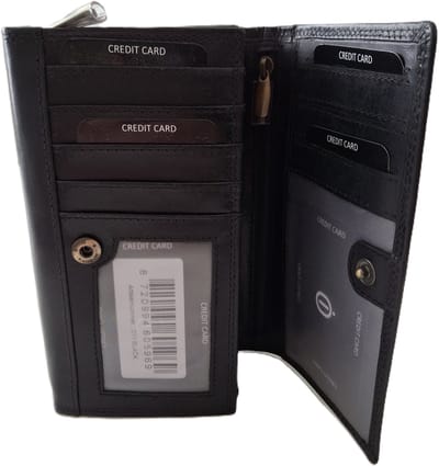 Oi lange glanzend zwarte lederen overslagportemonnee DELUXE / Ruime dames beurs voor veel pasjes / damesportemonnee met ruim ritsvak voor muntgeld / Skim veilig / antiek zwart / 211Black Crunch