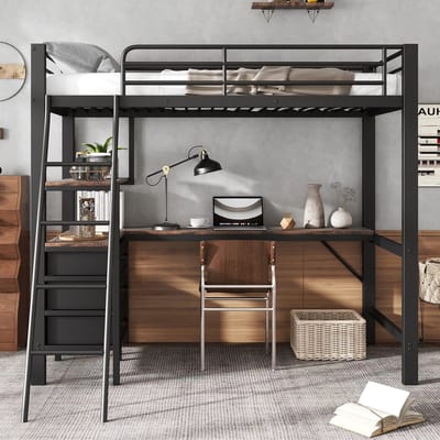 Wishdor Hoogslaper 90 x 200 cm – Bureau en 3 Laden – Schuine Ladder met 4 Treden – Rondom Veiligheidshekken – Donker Walnoot en Zwart Industriëel Design – EN 747 Gecertificeerd – Metaal en Hout – Zwart en Walnoot
