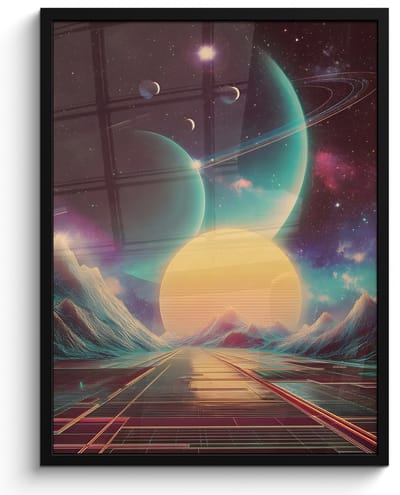 Poster in lijst - Fotolijst 50x70 cm - Posters - Planeten - Neon - Berglandschap - Zon - Posterlijst zwart - Decoratie - Wanddecoratie woonkamer - Muurdecoratie slaapkamer
