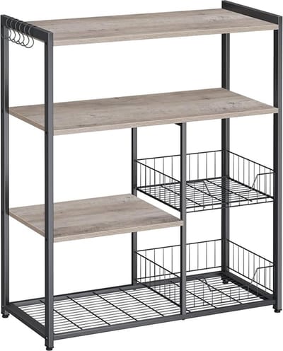 Keukenrek – Keukenkast – Opbergkast – 4 niveaus – Metalen frame – Houten planken – Grijs