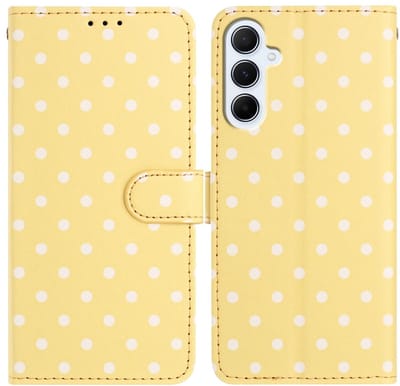 Hoesje Geschikt voor Samsung Galaxy S25 FE | Polka Dot Wallet Book Case | Portemonnee Hoesje | 3 Pasjes | Magneetsluiting | Stand Functie | Geel