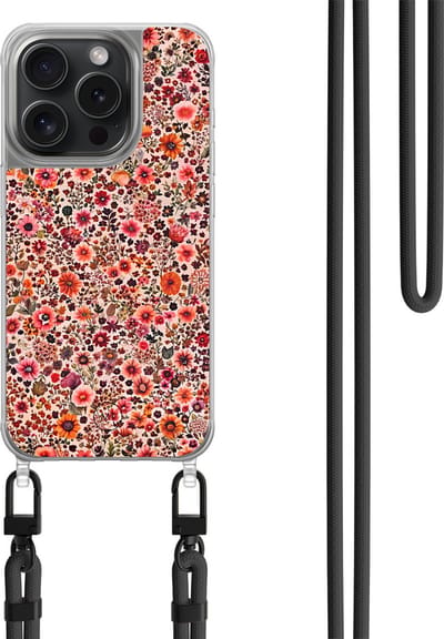 Hoesje met koord geschikt voor iPhone 14 Pro - Vintage floral - Inclusief zwart koord - Crossbody beschermhoes - Transparant, Roze - Mooie Telefoonhoesjes