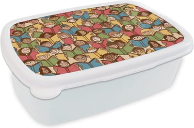 Broodtrommel Wit - Lunchbox - Brooddoos - Patronen - Boek - Kinderen - Jongens - Lezen - Kids - Jongetje - 18x12x6 cm - Volwassenen
