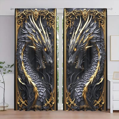 Lot de 2 rideaux imprimés dragon noir 3D pour décoration intérieure – Traitement de fenêtre à passe-tringle pour chambre à coucher, bureau, cuisine, salon 107cmX213cm X 2pcs