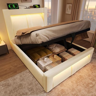 BLACKCOLORS Eenpersoonsbed 90 x 200 cm met opbergruimte, hydraulisch bed, ledverlichting met bediening via app, USB- en Type-C-oplaadpoorten, fluweel, gebogen hoofdeinde, beige, met matras