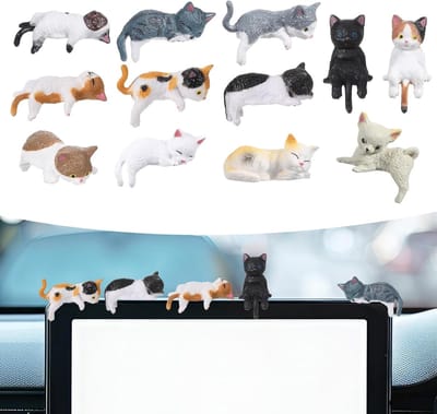 Schattige Mini Kat Figuren voor Auto Interieur, 12 Stuks Dashboard Decoraties en Achteruitkijkspiegel Accessoires, Perfecte Resin Decoratie voor Auto en Bureau
