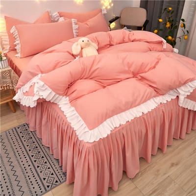 Jupe de lit Style Princesse Coréenne Tendance Net Quatre pièces Cœur de Fille Dentelle Housse de Couette Literie Dortoir Étudiant Twin