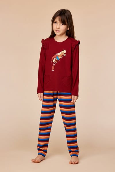 Woody pyjama meisjes - pony - donkerrood 252-10-PLG-S/495 - maat 140