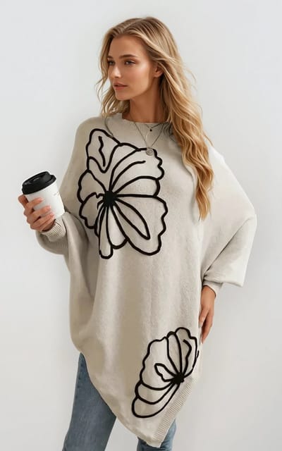Dutchers® Poncho - * - Bloempatroon - Pullover - Wit - Nek cape - Gebreid - Ronde Hals - Dames Kleding - Elegant - Herfst & Winter - Fashion - Hoge Kraag - Sjaal Dames