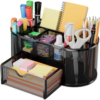 EXCITAT Bureau-organizer - Penhouder - Metalen bureau-organizer van gaas - Met 8 penhouders en 1 lade - Bespaart ruimte thuis, op school of op kantoor - Zwart