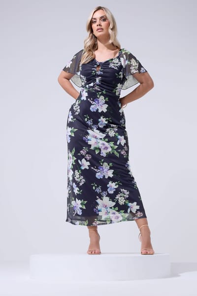 Yours London Marineblauwe Maxijurk Met Bloemenprint En Sleutelgatdetail Size 42
