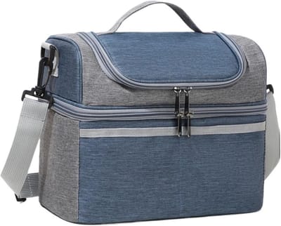 Geïsoleerde lunchtas 9L met dubbel vak - herbruikbare koeltas voor lunchbox, fruit en drank, geschikt voor werk, school en dagelijkse maaltijden - blauw