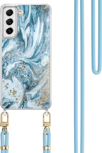 Casimoda® hoesje met koord - Geschikt voor Samsung S21 FE - Marble Sea - Afneembaar koord - TPU/polycarbonaat - Blauw