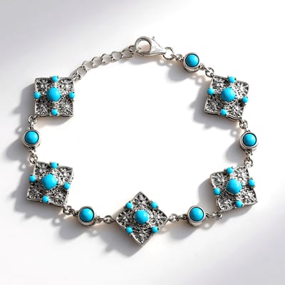 Cavill - Zilveren Armband 925 Sterling Platina - Sleeping Beauty Turkoois 3,698 ct - Ronde en Kussen Cabochon - Verstelbaar - Turquoise Dames Sieraad