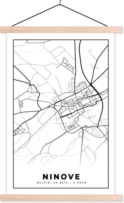 Posterhanger incl. Poster 40x60 cm - Schoolplaat - Stadskaart – Plattegrond – België – Zwart Wit – Ninove – Kaart - Textielposter - Blanke latten - Stadskaart