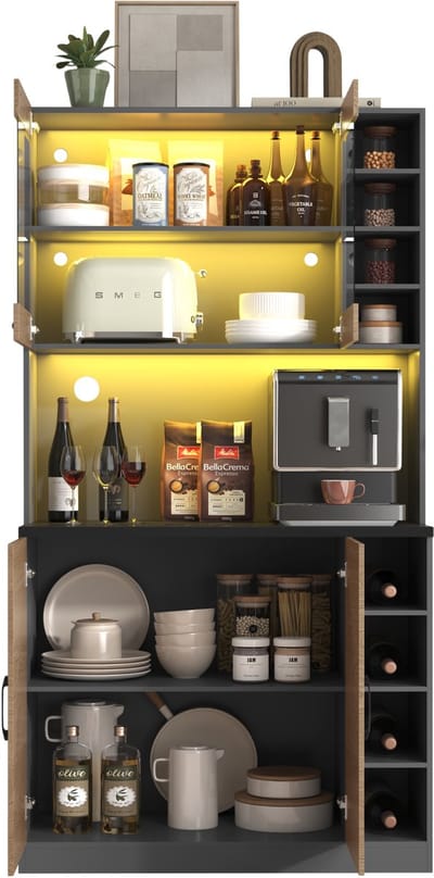 Vrijstaande buffetkast met LED-verlichting - Houten keukenkast met magnetron vak - Glazen deuren - Voor keuken - Grijs/Natuur - 100x47x187cm