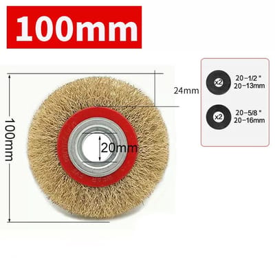 Staalborstel - Draadborstel - 100 mm - ø 20 mm - Schuurborstel - Staalborstel boormachine - Schijfborstel - Messingdraad golvend - Inclusief reduceerringen van verschillende maten