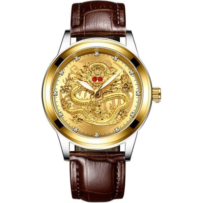 Waterdicht en Lichtgevend Horoscoopjaar Draak-vormig Volautomatisch Quartz Horloge Mechanisch Horloge voor Heren Stalen Band voor Heren Minimum One Piece beige