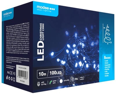 Modee Lichtsnoer Kerst 10 Meter - Kerstverlichting voor Buiten en Binnen - 100 LED Lampjes 8 Lichtstanden - IP44 - 10.000K - Koud Wit Licht - Per stuk