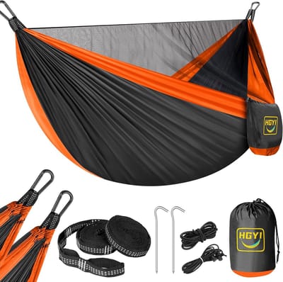 Camping Hangmat - Draagbare Luier - Outdoor Ontspanning - Met Klamboe - 290 x 145 cm - Zwart Oranje