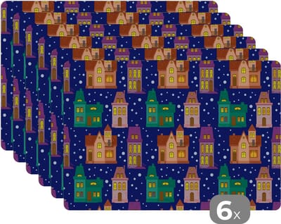 Placemat - Placemats kunststof - Winter - Patroon - Huis - 45x30 cm - 6 stuks - Hittebestendig - Anti-Slip - Onderlegger - Afneembaar