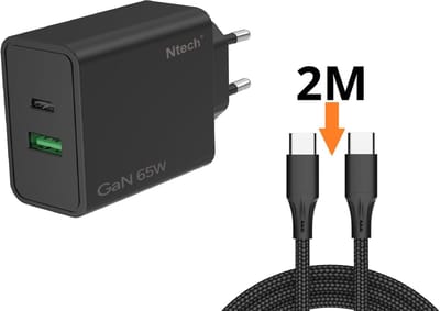 Ntech - USB C Adapter 65W & USB-A 18W - USB C Oplader Zwart - Inclusief USB-C Kabel 2 Meter - USB C Snellader - USB C Lader - Universeel o.a. Telefoons & Laptops