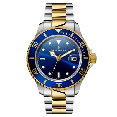 Tide II | Zilver- en goudkleurig roestvrijstalen duikhorloge met kwartsuurwerk, blauwe wijzerplaat en cycloopglas