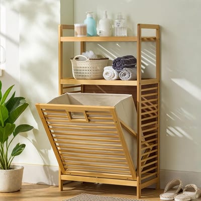 Bamboe Wasmand - Wassorteerder Kledingrek - Kleding Sorteren Opbergen - Kantelbare Zakken Meerlaags - 50cm Lang - Natuurlijk