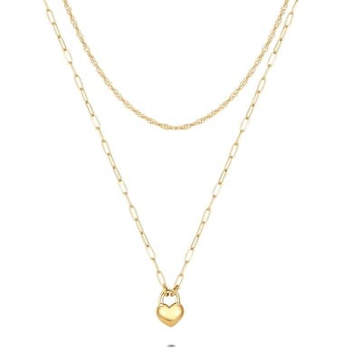Twice As Nice Halsketting in goudkleurig edelstaal, dubbele ketting, hart 40cm+5cm