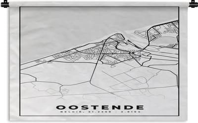 Wandkleed - Wanddoek - Stadskaart – Plattegrond – België – Zwart Wit – Oostende – Kaart - 180x120 cm - Wandtapijt