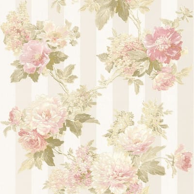 Bloemen behang Profhome 304461-GU vliesbehang gestructureerd met bloemen patroon mat crème roze groen 5,33 m2
