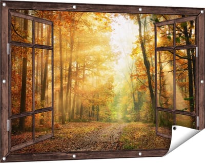 Gards Tuinposter Doorkijk Herfstbos met Zonneschijn - 120x80 cm - Tuindoek - Tuindecoratie - Wanddecoratie buiten - Tuinschilderij