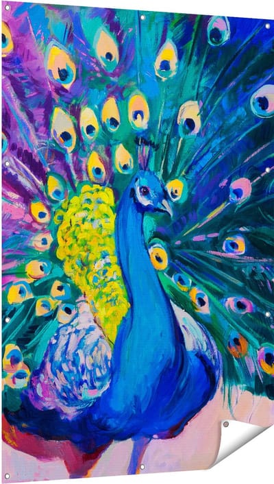 Gards Tuinposter Pauw met Kleurrijke Veren van Olieverf - Abstract - 100x150 cm - Tuindoek - Tuindecoratie - Wanddecoratie buiten - Tuinschilderij