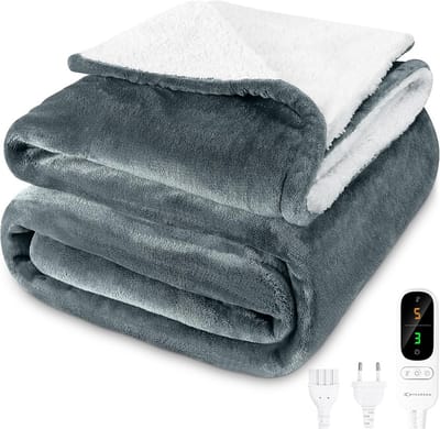 MYCARBON elektrische verwarmingsdeken met automatische uitschakeling, 180x160 cm, wasbaar, 6 warmtestanden, 9-uurs timer, en meerlaagse bescherming voor thuis, bed, kantoor, bank, lichtgrijs