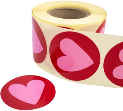 Cadeau stickers - 500 stuks - 'Stripes heart' Rood-Roze 50mm - Stickers volwassenen - Sluitstickers - Sluitzegel - Ronde stickers op rol
