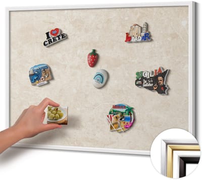 Wallfluent - Romig Magnetisch Bord met Kleurvariaties - 80 cm x 60 cm - Magneetbord met Witte Frame - Elegante lichte steen - Magneetbord voor Foto's en Notities - Magnetisch Bord Foto Bevestiging - Magneetbord voor Reissouvenirs