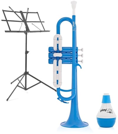 playLITE Hybride Trompet van Gear4music, Blauw + Muziekstandaard & Demper