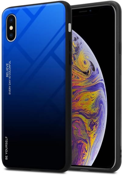 Cadorabo Hoesje geschikt voor Apple iPhone XS MAX in BLAUW - ZWART - Tweekleurige beschermhoes van TPU-silicone Case Cover en achterzijde van gehard glas