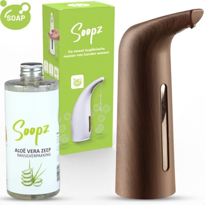 Soopz Automatische Zeepdispenser – Donker Hout – Dark Wood Elegance – Zeeppompje met Bewegingssensor – Met Aloë Vera Zeep