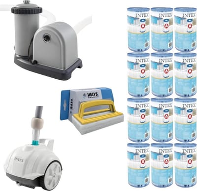 WAYS - Zwembad Onderhoud - 6x Zwembad verwarming & Filterpomp 5678 L/u & 12 Filters Type A & WAYS Scrubborstel