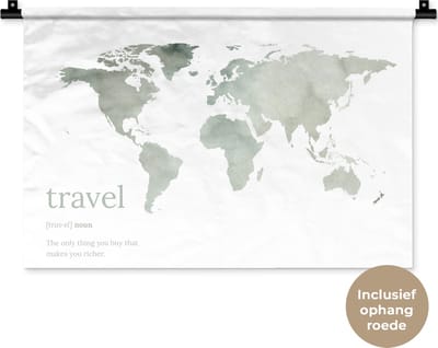 Wandkleed WereldkaartenKerst illustraties - Wereldkaart van grijze waterverf met het woord travel en een bedachte woordenboek omschrijving Wandkleed katoen 60x40 cm - Wandtapijt met foto