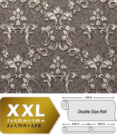 Barok behang EDEM 9085-29 vliesbehang hardvinyl warmdruk in reliëf gestempeld met 3D bloemmotief glanzend grijs zilver platina 10,65 m2